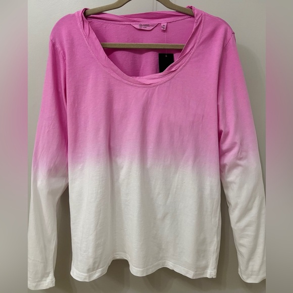 Long Sleeve Scoop Neck Loose Fit Tee Pink/White Ombré  Medium - Picture 4 of 12
